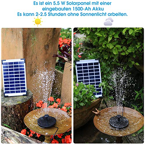 AISITIN Solar Springbrunnen 5.5W Eingebaute 1500mAh Batterie Solar Teichpumpe Wasserpumpe Solar Schwimmender Fontäne Pumpe mit 6 Fontänenstile für Vogelbad/kleinen Teich/Garten/Wasserzirkulation - 4