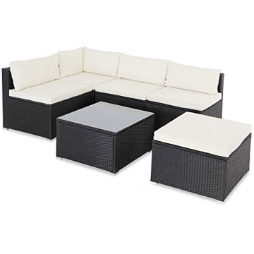 Casaria Polyrattan Lounge Set XL mit Auflagen Kissen Tisch Glasplatte Kombinierbar Gartenmöbel Ecklounge Schwarz Creme - 1