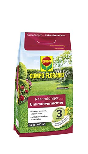 COMPO Rasendünger plus Unkrautvernichter, 3 Monate Langzeitwirkung, Feingranulat, 12 kg, 400 m² - 1