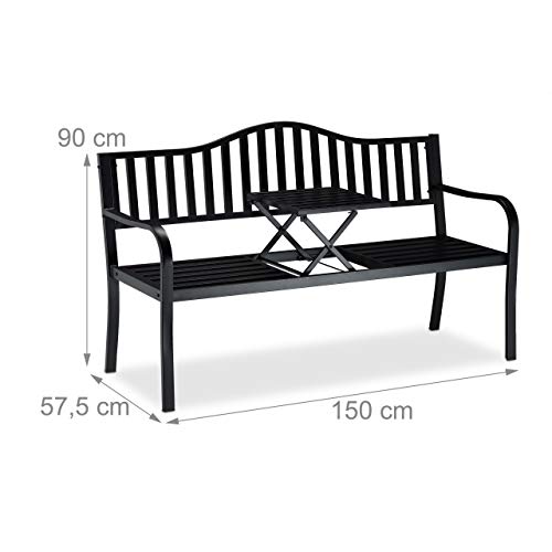 Relaxdays Gartenbank mit Klapptisch, 3-Sitzer, integrierte Tischablage, robuste Sitzbank, HBT: 90x150x57,5 cm, schwarz, Metall - 4