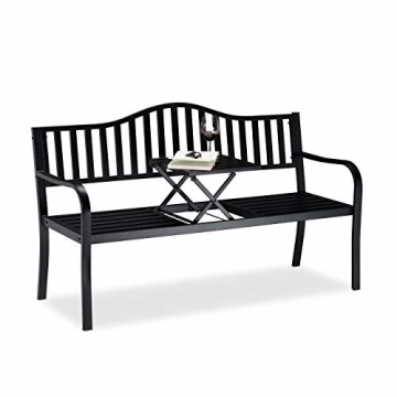 Relaxdays Gartenbank mit Klapptisch, 3-Sitzer, integrierte Tischablage, robuste Sitzbank, HBT: 90x150x57,5 cm, schwarz, Metall - 1