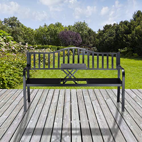 Relaxdays Gartenbank mit Klapptisch, 3-Sitzer, integrierte Tischablage, robuste Sitzbank, HBT: 90x150x57,5 cm, schwarz, Metall - 5