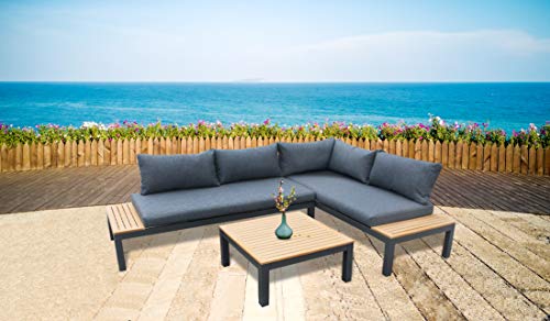 Gartenfreude Aluminium Lounge Ambience, flexibel einsetzbar mit wasserabweisenden Kissen, Weiß/Grau, WPC-Streben Möbel-Set, Eckmodul - 5