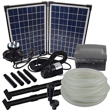 Agora-Tec® at-Solar Bachlaufpumpen - Set 20W-BLH mit Akku und 6- Fach LED Ring inklusive 9 Meter Bachlaufschlauch und LED Halterung, Hmax.: 1350l/h Förderhöhe: 3,05 m bei Verwendung eines Schlauches - 1