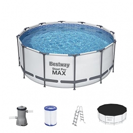 Bestway Steel Pro MAX Frame Pool Komplettset rund, mit Kartuschenfilterpumpe, Leiter, Boden- und Abdeckplane, 457x122 cm, blau - 1