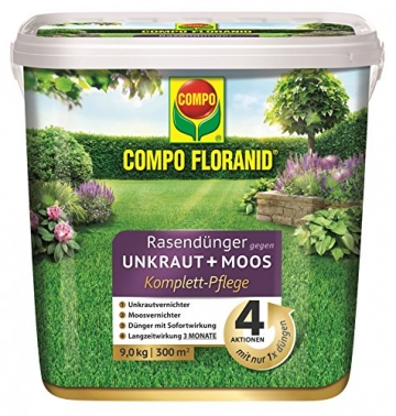 Compo FLORANID Rasendünger gegen Unkraut + Moos Komplett-Pflege, 3 Monate Langzeitwirkung, Feingranulat, 18 kg, 600 m² - 1