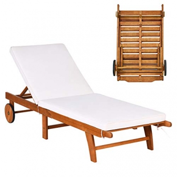 COSTWAY Sonnenliege Holz, Gartenliege verstellbare Rückenlehne mit Rollen und Kissen, Strandliege für Garten, Rasen und Terrasse - 1