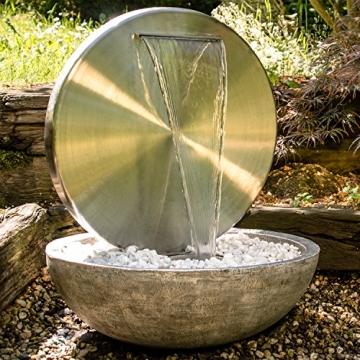 Köhko® Wasserwand Ø 55 cm mit Einer Halbschale in Natursteinoptik mit LED- Beleuchtung „Bocca“ 22011 aus matt gebürsteten Edelstahl mit Becken aus Polyresin - 1