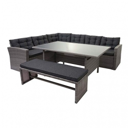 Mendler Poly-Rattan-Garnitur HWC-A29, Gartengarnitur Sitzgruppe Lounge-Esstisch-Set Sofa - grau, Kissen grau + Bank - 1