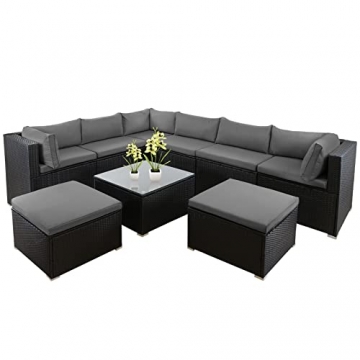 Montafox 24-teilige Polyrattan Lounge XXL Gartengarnitur Sitzgruppe Beistelltisch Ecklounge Ecksofa Terrasse, Farbe:Titan-Schwarz/Kieselstrand - 1