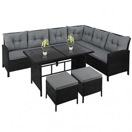 Montafox Polyrattan Lounge Sofa Tisch 2 Hocker Gartengarnitur Grau Sitzgruppe 7 Personen Ecksofa Terrasse Garten Couch, Farbe:Kieselstrand - 1