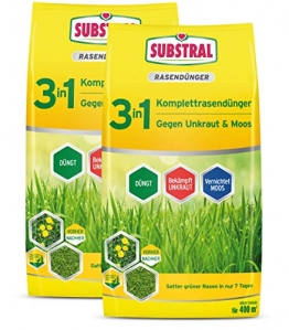 Substral 3 in 1 Komplett Rasendünger mit Unkrautvernichter und Moosvernichter, 28 kg für 800 m² - 1