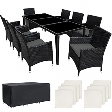 TecTake 800104 Aluminium Poly Rattan Essgruppe, 8 Stühle + 1 Esstisch mit Glasplatten, inkl. 2 Bezugssets und Schutzhülle - Diverse Farben (Schwarz | Nr. 401161) - 1