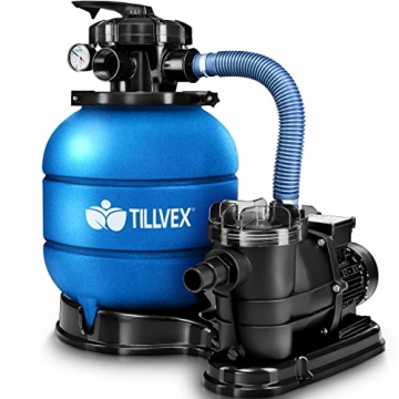 tillvex Sandfilteranlage 10 m³/h - Filteranlage 5-Wege Ventil | Poolfilter mit Druckanzeige | Sandfilter für Pool und Schwimmbecken (Blau) - 1