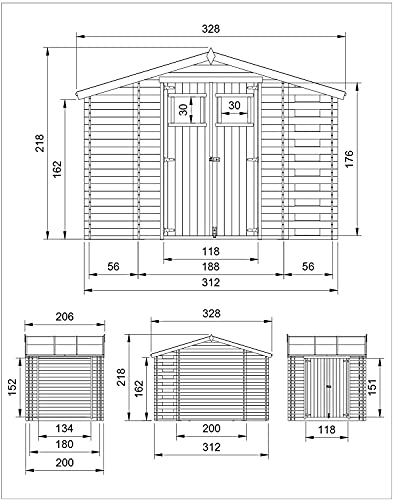 TIMBELA Holzhaus Gartenhaus mit Brennholzschuppen M389 - Gartenschuppen Holz B328xL206xH218 cm/ 3,53 + 0,97 + 0,97 m2 Lagerschuppen für Garten - Fahrrad Schuppen - Wasserfestes Dach - 5
