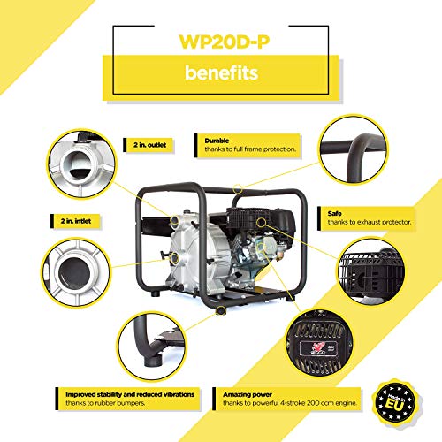 WASPPER Hochleistungs- & Tragbare Benzin Schmutzwasserpumpe mit 30 000 l/h Förderleistung ✦ 28m Wasserhub ✦ 3600 U/min Viertakt-Benzinmotor und enthaltenem Zubehör, von WASPPER (WP20D-P) - 5