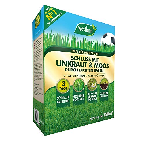 Westland Schluss mit Unkraut & Moos, 5,25 kg, 150 m² – Rasendünger für dichten Rasen, feines Rasen-Granulat ideal für Mähroboter - 1