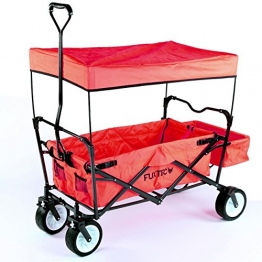 FUXTEC faltbarer Bollerwagen FX-CT350 Rot - in weiteren 4 Farben erhältlich, klappbar mit Dach, Vorderrad-Bremse, Strand-Reifen, Hecktasche, für Kinder geeignet - Das Original mit Qualität! - 1