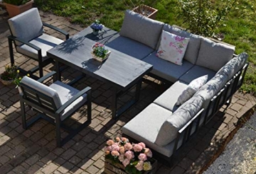 bomey Ecklounge Santorini mit HPL Terrassentisch + 2 Lounge Sessel (hell/mittelgrau) I Gartenmöbel-Set bestehend aus Gartensofa, höhenverstellbarer Alu-Tisch + 2 Lounge-Stühle I Moderne Gartengarnitur - 1