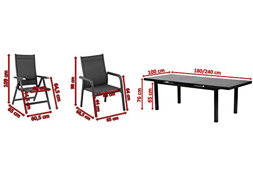 Kettler BasicPlus Sitzgruppe, anthrazit, Alu/Textilene, Tisch 180/240x100cm, 6 Stapel-, 2 Multipositionssessel - 5