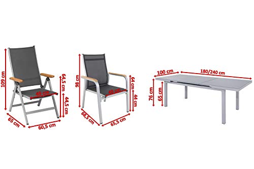 Kettler Granada Sitzgruppe, Silber, Alu/Textilene, Tisch 180/240x100cm, 4 Stapel-, 2 Multipositionssessel - 5