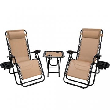 3-teiliges Sonnenliege Set, klappbar Liegestuhl mit verstellbarem Kopfpolster & Rückenlehne, Relaxliege für Mittagspause mit Beistelltisch & Getränkehalter, ergonomisch und atmungsaktiv, Beige - 1