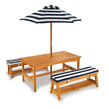 KidKraft 106 Gartentischset mit Bank, Kissen und Sonnenschirm – Marineblau-weiß gestreift - 1