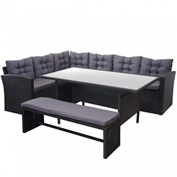 Mendler Poly-Rattan-Garnitur HWC-A29, Gartengarnitur Sitzgruppe Lounge-Esstisch-Set, schwarz - Kissen dunkelgrau, mit Bank - 1