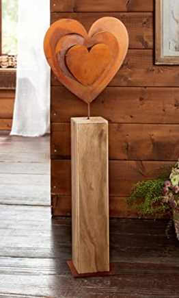 Dekosäule Rostherz aus Holz, 72 cm hoch, großes Metall-Herz in Rost Optik, Holzsäule - 1