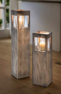 Windlicht-Säule “Shabby-Charme” groß aus Holz & Glas, 70 cm hoch, Kerzenhalter, Kerzenständer, Dekosäule - 1